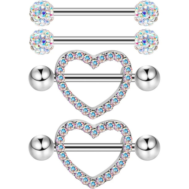 PAIR CZ Paved Heart Center Nipple Clickers Shields Rings Body Jewelry 